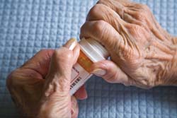 Closeup of elderly woman's hands opening a medicine bottle