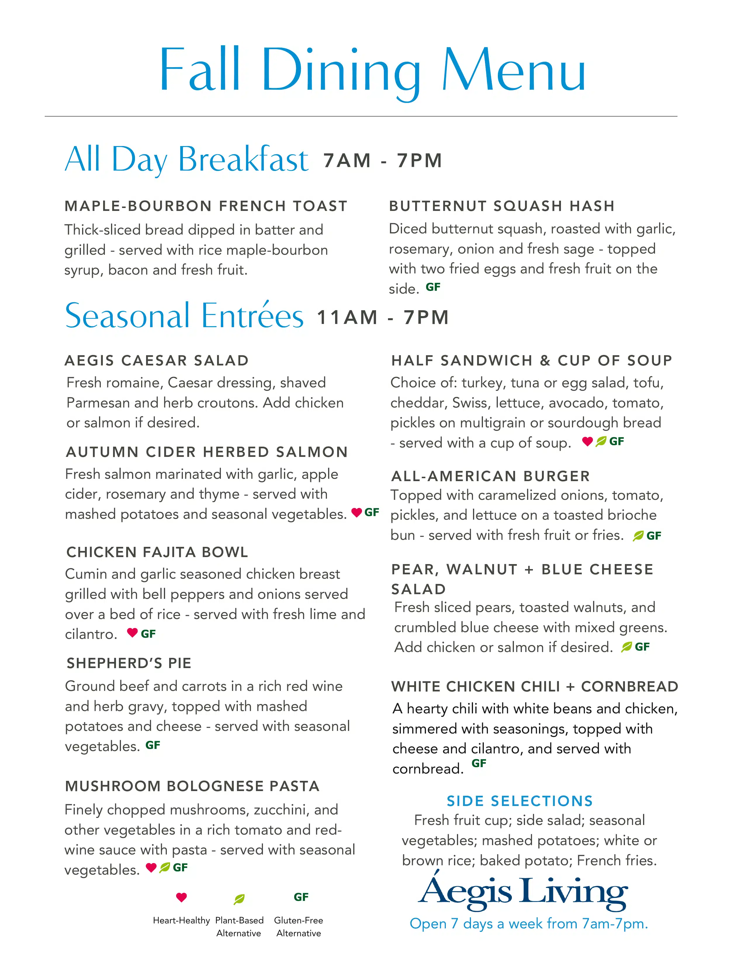 Fall dining menu with breakfast and seasonal entrées.