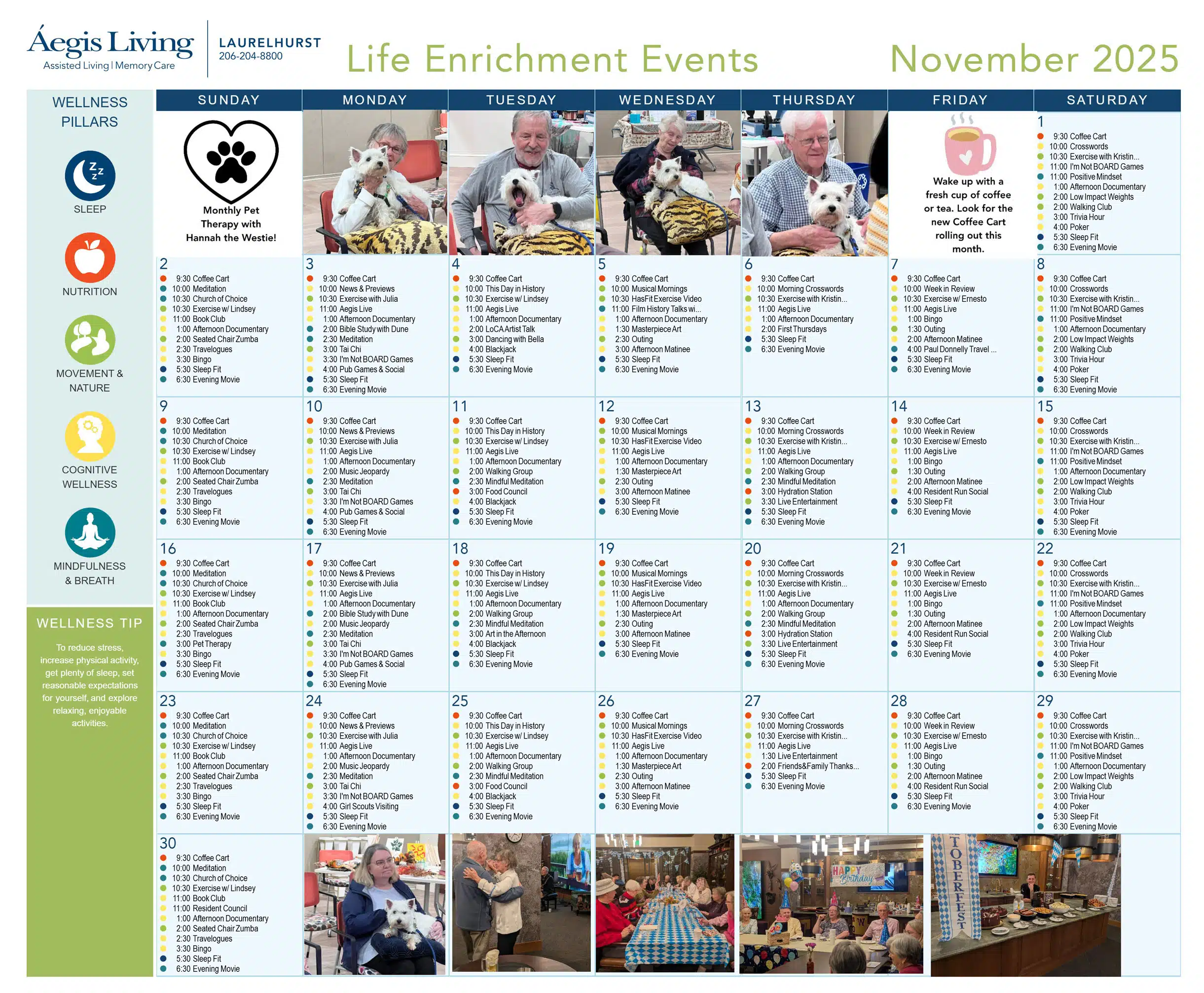Aegis Living November 2025 events calendar with activities.